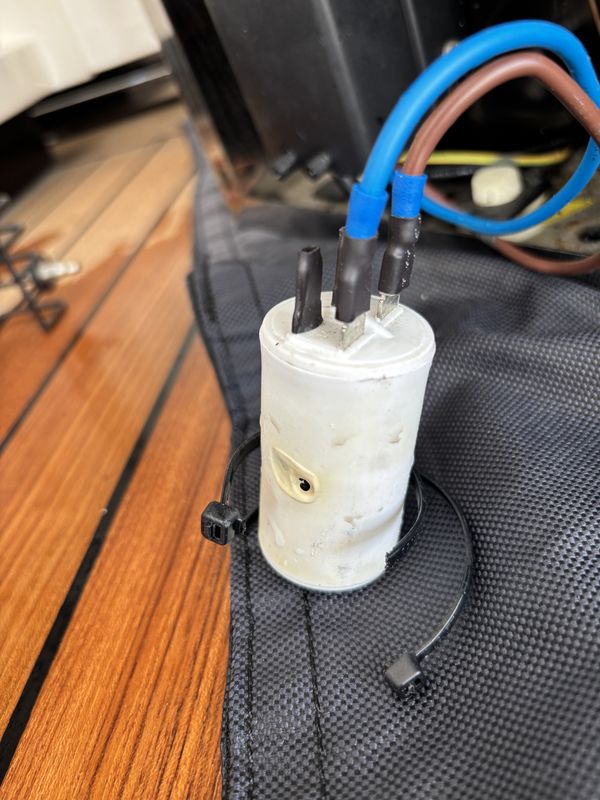 A motor-run capacitor removed from the plant with a ruptured casing. Which motor it served is not recorded on the photo.