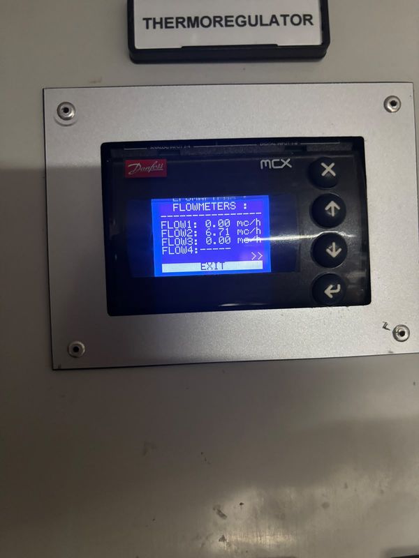 Flowmeters screen after a sensor swap: FLOW2 6.71 m³/h as displayed. Reading only, no cause implied.