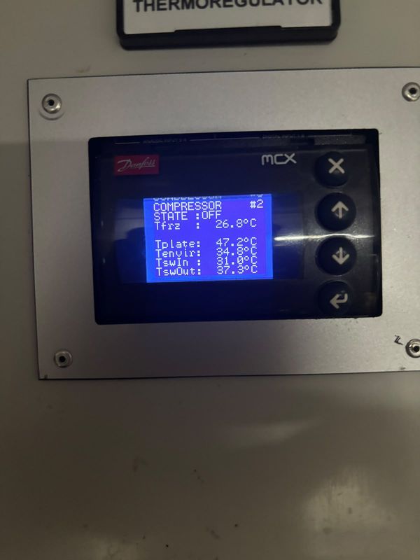 Controller screen: unit 2 OFF, inverter plate 47.2 °C as displayed. Reading only, no cause implied.