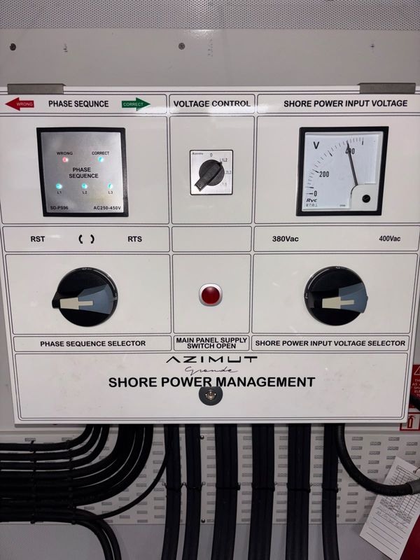 Shore Power Management panel: WRONG phase-sequence lamp lit, voltmeter about 410 V as displayed. Reading only, no cause implied.