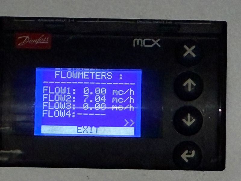Flowmeters screen after the new sensor: FLOW2 7.04 m³/h as displayed (rated flow noted as 6 m³/h). Reading only, no cause implied.