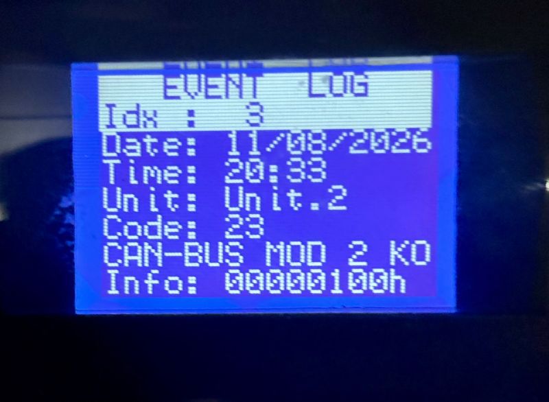 Event log: unit 2, code 23, CAN-BUS MOD 2 KO; logged 11/08/2026 20:33 (clock setting not verified). Reading only, no cause implied.