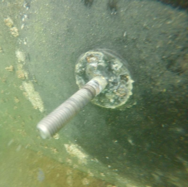Transom anode mounting stud, underwater close-up, anode removed.
