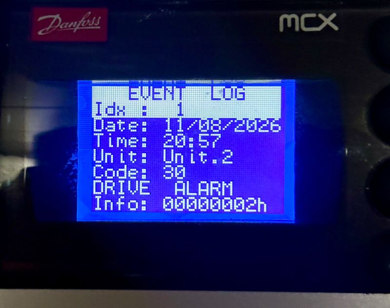 Event log: unit 2, code 30, DRIVE ALARM; logged 11/08/2026 20:57 (clock setting not verified). Reading only, no cause implied.