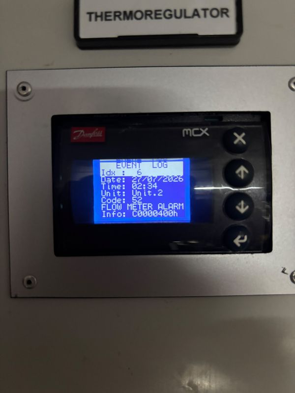 Event log: unit 2, code 52, FLOW METER ALARM; logged date 27/07/2026 (clock setting not verified). Reading only, no cause implied.