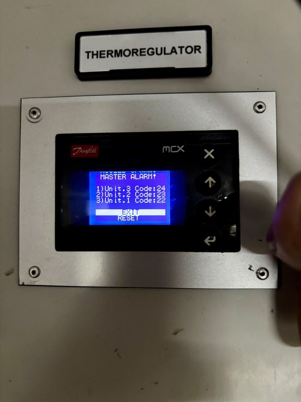 Active master-alarm list: unit 3 code 24, unit 2 code 23, unit 1 code 22. Reading only, no cause implied.