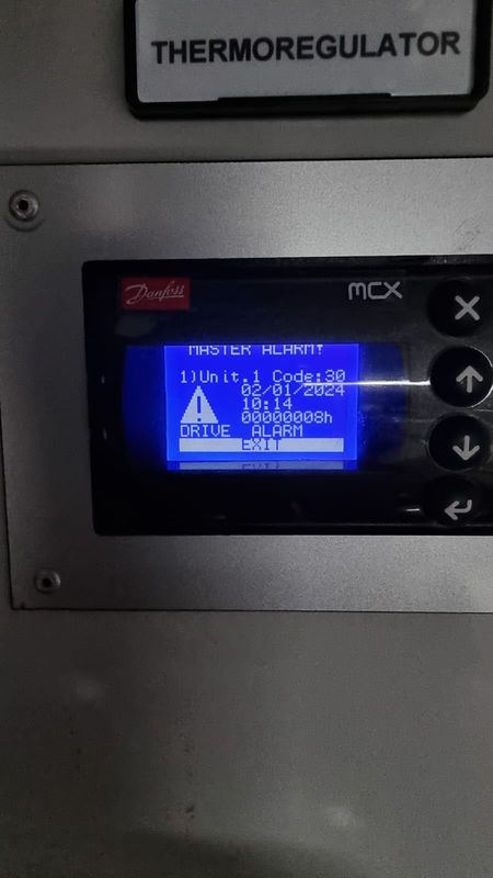 Danfoss MCX: MASTER ALARM, unit 1, code 30, DRIVE ALARM. Controller shows 02/01/2024 (controller clock known to be unreliable). Reading only, no cause implied.