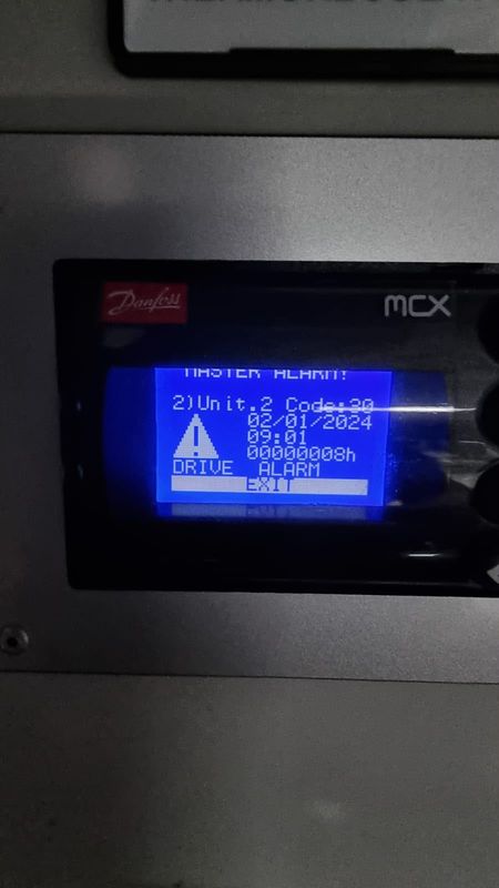 Danfoss MCX: MASTER ALARM, unit 2, code 30, DRIVE ALARM. Controller shows 02/01/2024 (controller clock known to be unreliable). Reading only, no cause implied.