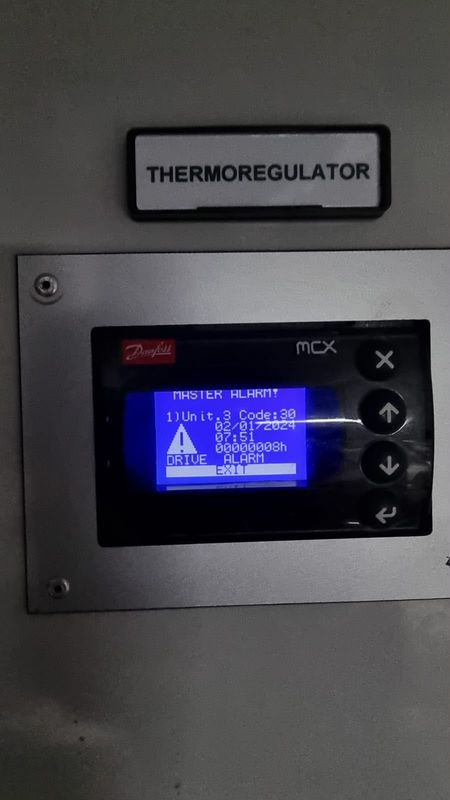 Danfoss MCX: MASTER ALARM, unit 3, code 30, DRIVE ALARM. Controller shows 02/01/2024 (controller clock known to be unreliable). Reading only, no cause implied.