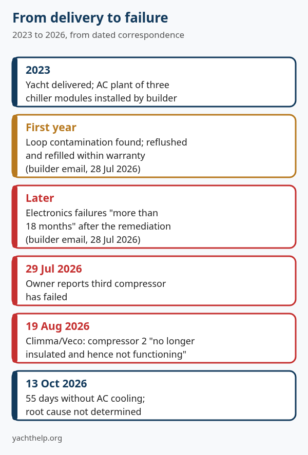 Progression from delivery in 2023, to first-year loop contamination corrected under warranty, to compressor failures in 2026 and no AC cooling since 19 Aug 2026.