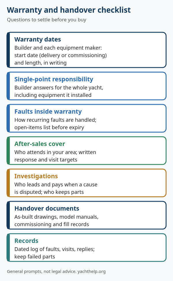 Checklist: warranty start dates, single-point responsibility, local after-sales cover, response targets, investigation costs, handover documents and records.