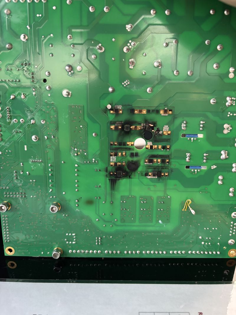 Underside of the unit 3 inverter circuit board: burn mark through the board