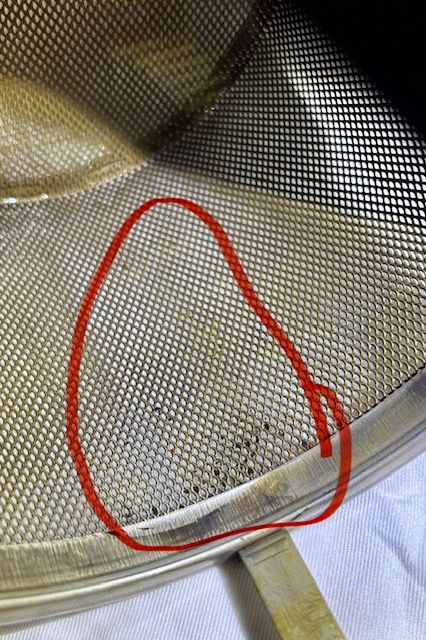Chilled-loop strainer mesh with dark grit (circled)