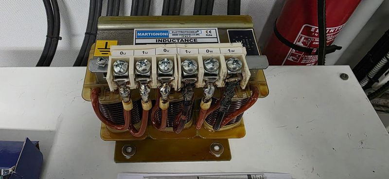 Line reactors in place, front view, showing W-phase terminal charring