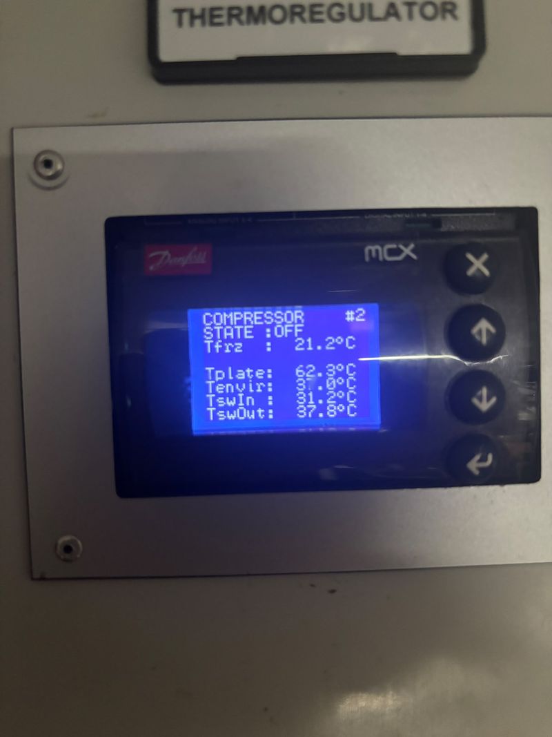 Controller screen: unit 2 compressor OFF, inverter plate at 62.3 °C