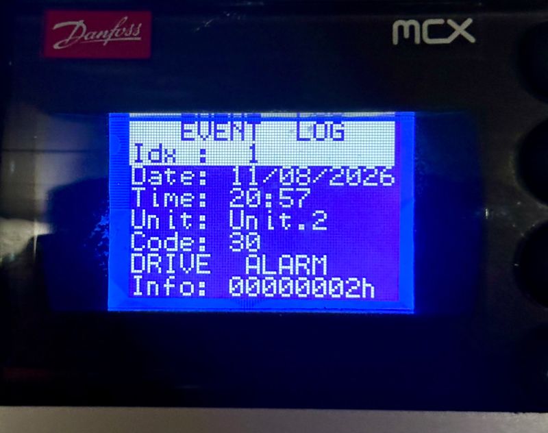 Controller event log: unit 2 DRIVE ALARM, code 30 (the logged date may be wrong; the controller clock is unverified)