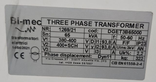 Nameplate of the on-board shore-power isolation transformer (Bi-mec, 65 kVA, Dyn11)